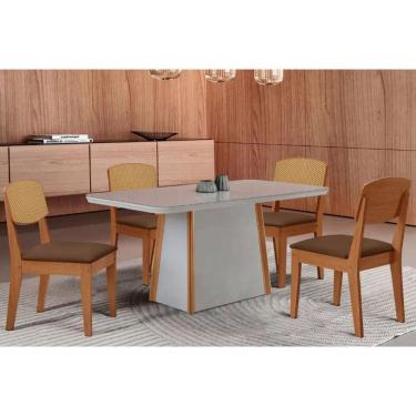 Imagem de Conjunto: Mesa Sala Jantar Tilia Curvo 120cm + 4 Cadeiras Havana Naturale/Off White - Suede Marrom - Rufato