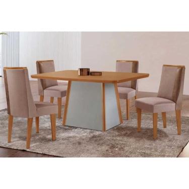 Imagem de Conjunto: Mesa de Cozinha Tilia c/ Tampo Madeirado Canto Curvo 120x80cm e 4 Cadeiras Tilia Naturale/Off White - Linho Capuccino - Rufato