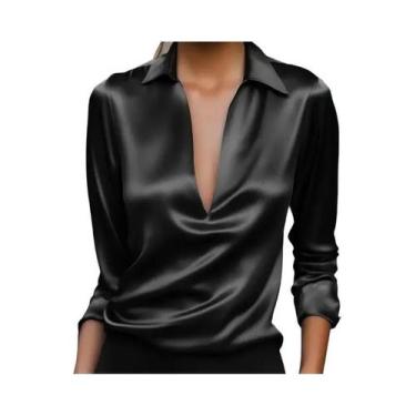 Imagem de Camisa Casual Elegante De Seda Com Manga Longa Para Mulheres, Colarinh