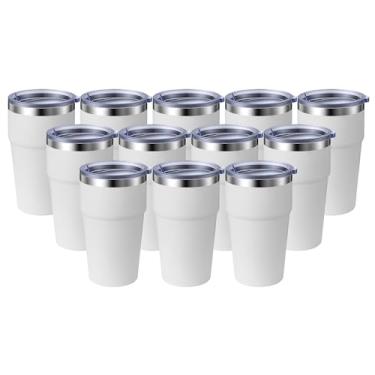 Imagem de MEWAY Caneca de viagem isolada a vácuo de parede dupla de 473 ml, copos de aço inoxidável com tampa, copos de café revestidos em pó para bebidas frias e quentes (branco, pacote com 12)
