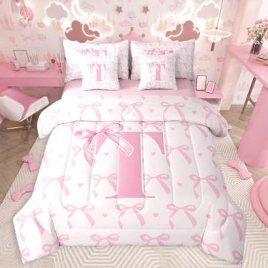 Imagem de jejeloiu Conjunto de edredom infantil fofo com laço rosa, tamanho Queen, letra T, 7 peças, lindo laço de coquete, cama em uma bolsa, letra T, monograma para todas as estações
