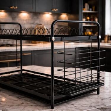 Imagem de Escorredor de Louças PRETO Premium 2 Andares – Aco INOX Reforçado e um exclusivo Porta Talheres