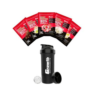 Imagem de Combo - Whey Protein Concentrado 30g em Sachê (5un - sabores variados) + Coqueteleira 3 compartimentos com mix ball 600ml Preta - Growth (Único, Morango, Banana, Torta de Limão, Baunilha e Brigadeiro)