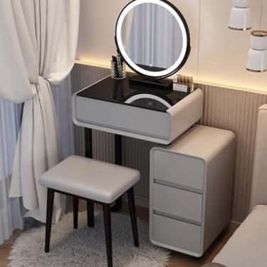 Imagem de Mesa de penteadeira com espelho e luzes, penteadeira com gavetas de armazenamento, armário lateral retrátil, penteadeira de maquiagem compacta para espaços pequenos, inclui banco