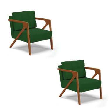 Imagem de Kit 02 Poltronas Melissa Veludo Verde Luxo A136 Base de Madeira Castan