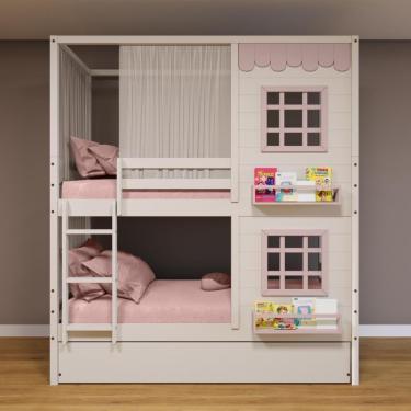 Imagem de Treliche Casinha Reta Com 02 Janelas E Cortina Madeira Maciça Branco/ Rosa Housin