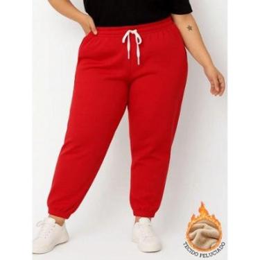 Imagem de Calça de Moletom Feminina Plus Size Jogger Tecido Flanelado com Bolso Vermelho-Feminino