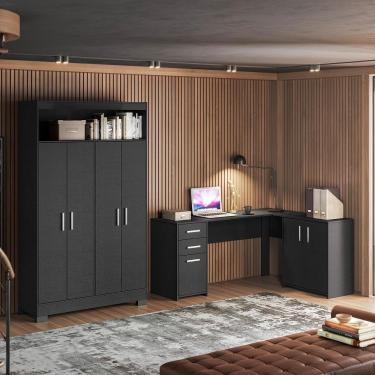 Imagem de Conjunto Para Escritório 2 Peças Com Escrivaninha Em L E Armário Multiuso 4 Portas Preto Tx Notável Móveis Preto Tx