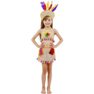 Imagem de Fantasia Índia Infantil Com Cocar - Sulamericana, Bege, G 9 - 12