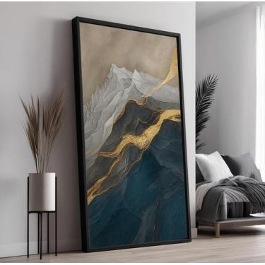 Imagem de Quadro com Moldura e Acrilico Cristal Vidro Montanhas Azul Dourada par