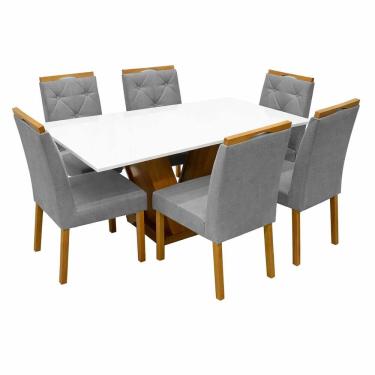 Imagem de Mesa de Jantar Classic 160x80cm com Vidro e 6 Cadeiras Jasmim em Veludo Estofadas Cel Móveis Cor Cinamomo Off White com Tecido Cinza