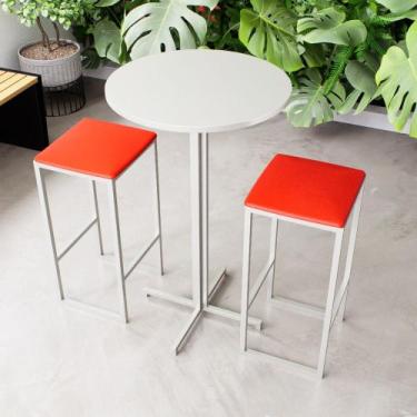 Imagem de Conjunto Mesa Alta Bar Bistrô Redonda Branca 2 Bancos Estofado Industr