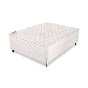 Imagem de Kit Conjunto Cama Box Casal Colchão Espuma D33 Royal Saúde Pillow Top Bege + Base Sommier Bege 24 cm pés de madeira 138x188x61