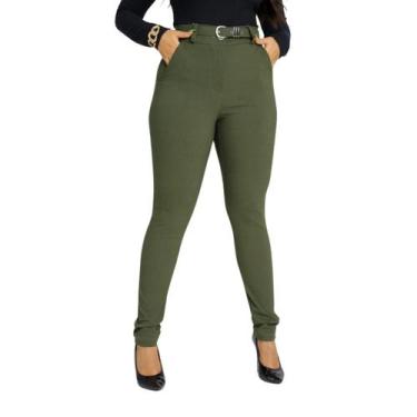 Imagem de Calça Feminina Alfaiataria Social Bengaline Cintura Alta Verde Com Cin