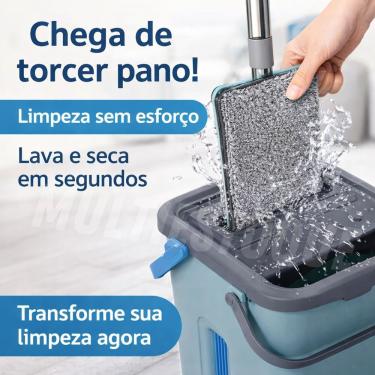 Imagem de Rodo Flat Mop com Balde 2 Refil Lava e Seca 5L em PP Aço Inox e Microfibra com 2 Compartimentos Clean Tech