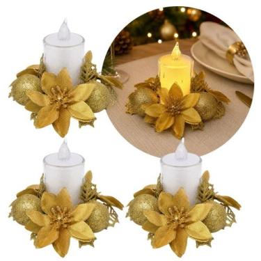 Imagem de Kit 3 Castiçal Natalino Bico de Papagaio Dourado Decorado 10cm com Vel