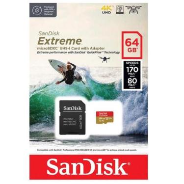 Imagem de SanDisk Extreme microSDXC 64GB UHS-I Adaptador  Velocidade 170MB/s 4K 