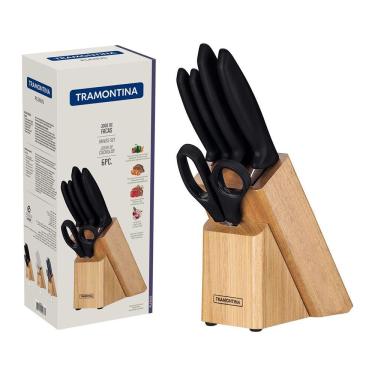 Imagem de Jogo De Facas Tramontina Plenus Com Lâminas Em Aço Inox Cabos De Polipropileno Preto E Suporte De Madeira 6 Peças