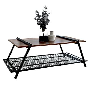 Imagem de SISWIM Mesa de centro estilo nórdico mesa de centro com prateleira de armazenamento para sala de estar, móveis com detalhes de aparência de madeira com mesas de canto de moldura de metal