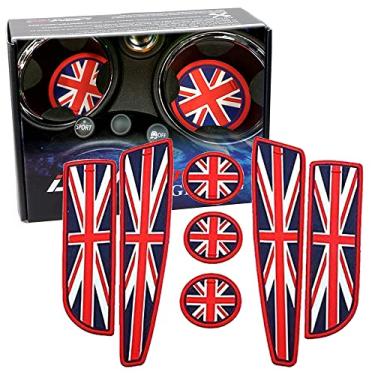 Imagem de iJDMTOY Tapetes de cabine de silicone estilo Union Jack compatíveis com MINI Cooper R55 R56 R57 R58 R59, porta-copos de 7 peças vermelho/azul, forros de compartimento de porta lateral