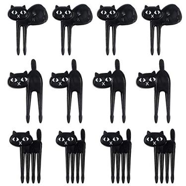 Imagem de 12 peças bonito gato preto desenho animado comida animal palitos de frutas garfos para crianças bento box decoração de lancheira, acessórios de palhetas de festa de frutas