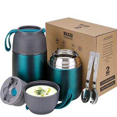 Imagem de 2 frascos térmicos MAXSO Para alimentos quentes e frios, para sopa, com isolamento a vácuo, frasco de comida de viagem, adultos e crianças, com colher (710 ml, 500 ml) (verde fosco)