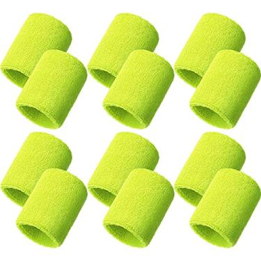 Imagem de Bememo Pacote com 12 pulseiras esportivas de algodão para homens e mulheres, boa para tênis, basquete, corrida, academia, malhar (amarelo fluorescente)
