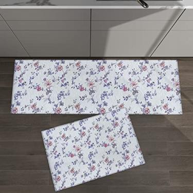 Imagem de Conjunto de 2 tapetes de cozinha com estampa floral vintage casa de fazenda flor azul para tapetes acolchoados e tapetes antiderrapantes absorventes corredor confortável tapete de pé
