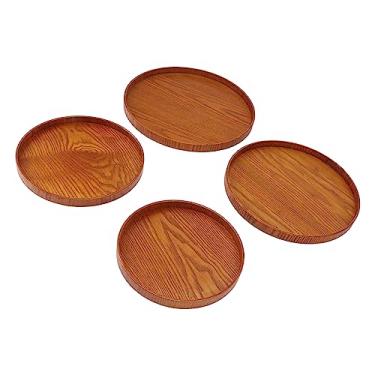 Imagem de Bandeja de Madeira, Palete de Madeira Redonda Antiderrapante Segura 4 Peças para Lanches para Hotéis (Marrom escuro)