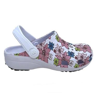 Imagem de Babuche Feminino Profissional SoftWorks Mania EPI Antiderrapante Estampa Floral 2 Com Perfuros EVA BB32 - Branco