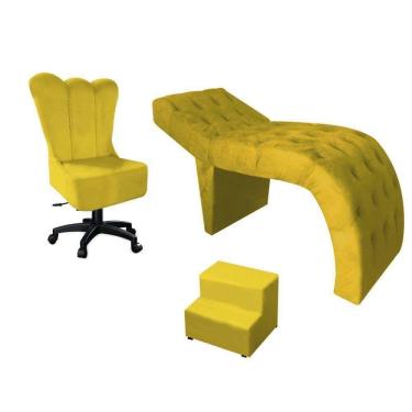 Imagem de Kit Maca Estética Com Cadeira Mocho Giratória E Escadinha Suede Amarelo - D House Decor