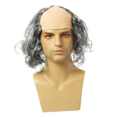 Imagem de Colaxi Velho homem careca peruca boné halloween cosplay circunferência da cabeça 58 60 60cm traje festa peruca calvície cientistas loucos peruca para namoro, cabelos cacheados grisalhos