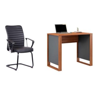 Imagem de Conjunto de Mesa Morada Amendola e Grafito com Cadeira de Escritório Interlocutor Fixa Oslo Preta
