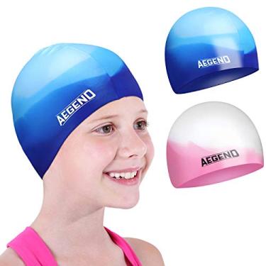 Imagem de Aegend Pacote com 2 toucas de natação infantis para meninas e meninos de 8 a 15 anos, touca de natação impermeável de silicone durável para cabelos longos, azul e rosa