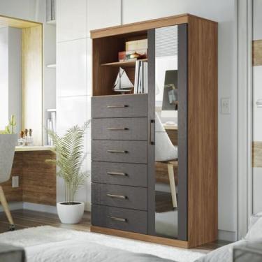 Imagem de Multi-cômoda 1 Porta 6 Gavetas Marabá com Espelho Jatobá/grafite