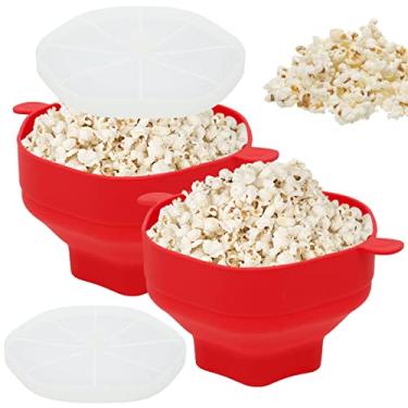 Imagem de 2 peças de pipoqueira de microondas de silicone, tigela de pipoca com tampa e alça, balde de pipoca dobrável resistente ao calor, máquina de pipoca dobrável reutilizável, lavável na lava-louças para