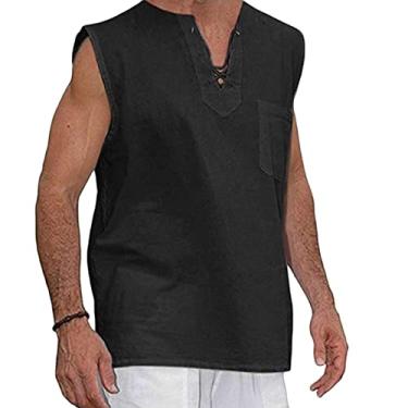 Imagem de Coletes para homens verão outono sem mangas decote em V linho camiseta regata nó simples coletes masculinos 2024 Y2K, Z-440 Preto, G