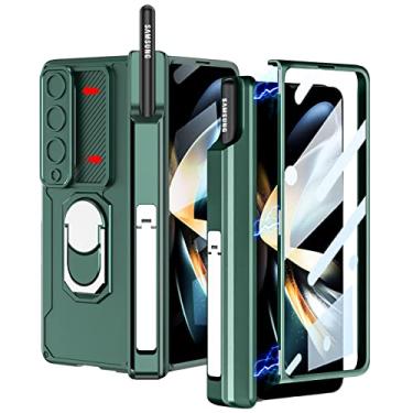 Imagem de PUROOM Capa para Samsung Galaxy Z Fold 3 - Cobertura de dobradiça magnética protetora com suporte de anel S Pen, capa de câmera deslizante, protetor de tela frontal (verde)