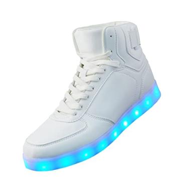 Imagem de DIYJTS tênis unissex com iluminação LED, tênis de cano alto LED recarregável por USB, sapatos luminosos brilhantes para homens, mulheres, adolescentes, Branco, 10.5