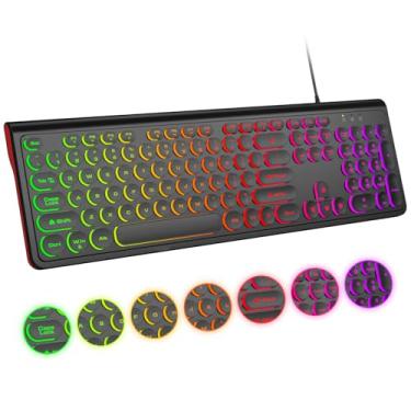 Imagem de Atelus Teclado com fio USB com retroiluminação de 7 cores, teclado de tamanho completo com teclas retrô, teclado numérico e tecla de atalho de mídia para computador, desktop, PC, laptop e Windows 7,