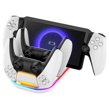 Imagem de Estação de carregamento para PS5 Portal Remote Play e PS5 Dual Controller, com 14 modos de luz RGB, acessório de suporte de carregamento para console PS5 Portal. (Branco 2)