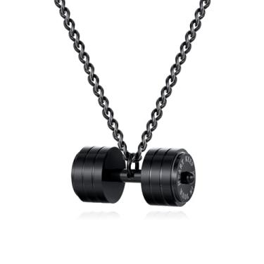 Imagem de Kaydenana Pingente de haltere masculino de aço inoxidável polido para mulheres, corrente banhada a prata e preto, joia de presente para casais, dia dos namorados, Metal, Sem Pedra Preciosa