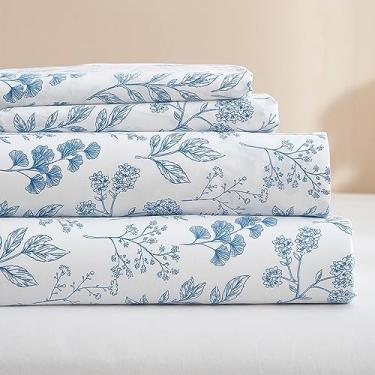 Imagem de Jogo de lençol California King, 4 peças, branco, confortável, refrescante, floral, azul, com bolsos profundos de 40,6 cm, lençol com elástico fácil de ajustar, não amassa