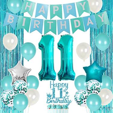 Imagem de 11th Birthday Decorations for Girls Teal - Happy 11th Birthday Decorations Eleventh Cake Topper Teal Fringe Curtain Turquoise Banner Number 11 Foil Balloon, 11 Year Old Girl Party Decor