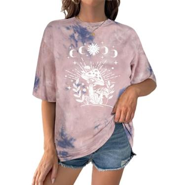 Imagem de SOFIA'S CHOICE Camisetas femininas grandes tie dye gola redonda manga curta casual verão, Cogumelo rosa Lue, M