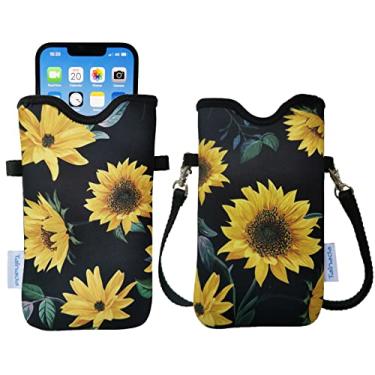 Imagem de Tainada Bolsa feminina de neoprene para celular com alça transversal/cordão de pescoço para iPhone 16/15/14 Pro Max, 16/15/14 Plus, Samsung S25, S24+, A54, Z Fold6, Google Pixel 9 (girassol preto)