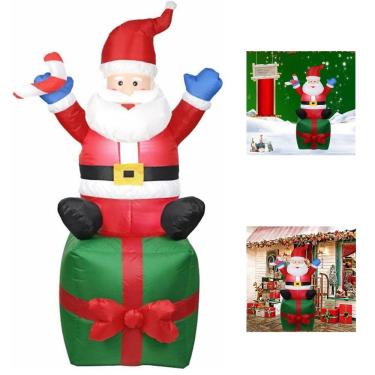 Imagem de Papai Noel Inflável Gigante Na Caixa De Presente 1,80 metro De Altura Para Decoração De Natal Com Luz Led Embutida Bivolt