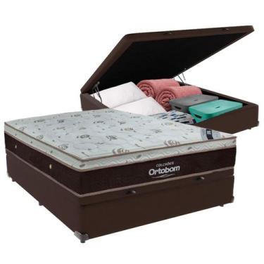 Imagem de Cama Box Baú Casal Marrom e Colchão Sleep King Molas Ensacadas Ortobom
