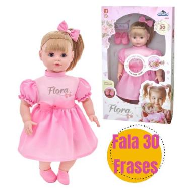 Imagem de Brinquedo Menina Boneca Flora Bebê Fala 30 Frases Grande 52cm Olhos Mó