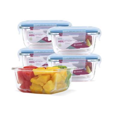 Imagem de Kit 5 Potes Vidro Hermético Quadrado Trava 320ml Marmita - U4home, Azu